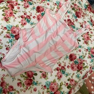 Toddler 4T  one piece retro swim suit with bows on shoulders pink and white